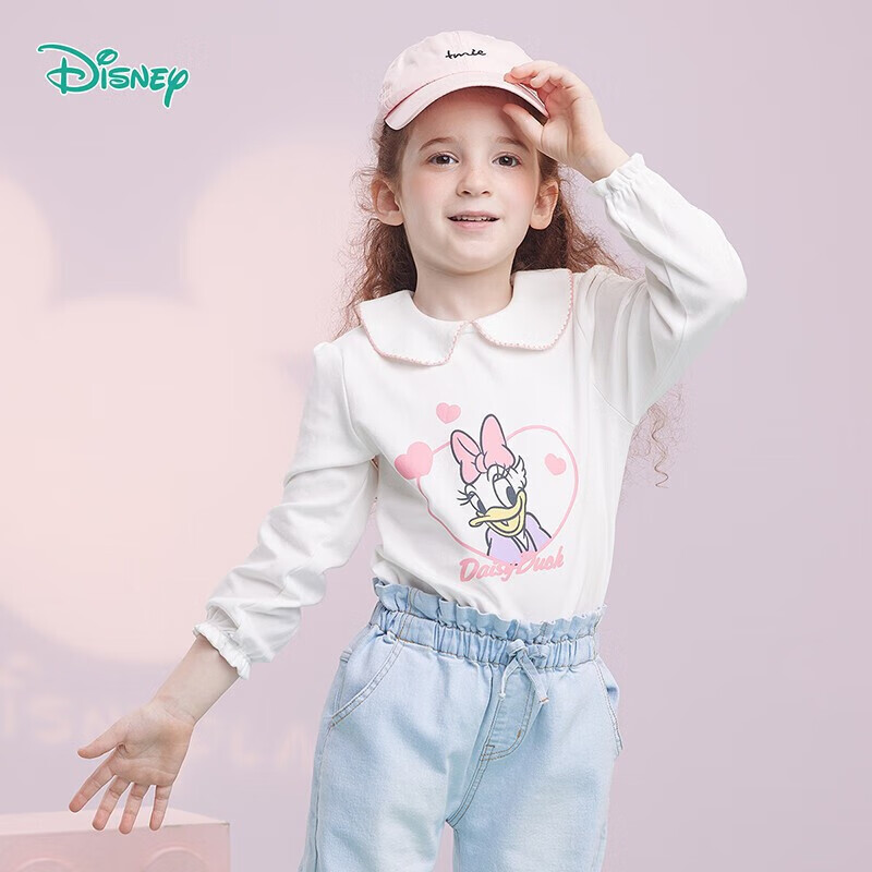 迪士尼(Disney)童装 女童娃娃领T恤纯棉长袖上衣春秋甜美打底衫米白6岁/身高130cm