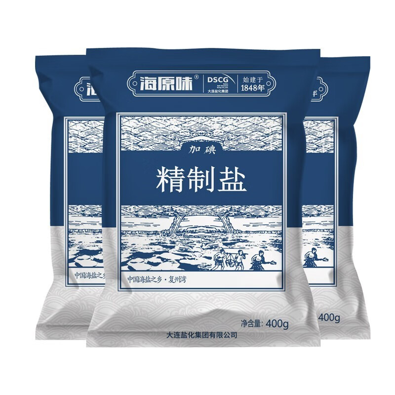 海湾 加碘精制盐海盐渤海日晒食用调味盐 厨房腌制 烘焙炖菜盐 加碘精制盐400g×6袋