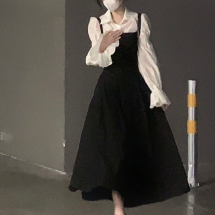 錦競?cè)棺觟ns風(fēng)學(xué)生連衣裙法式中長款黑色背帶連衣女+燈籠袖襯衫兩 套裝黑色背帶裙+燈籠袖襯衫 S