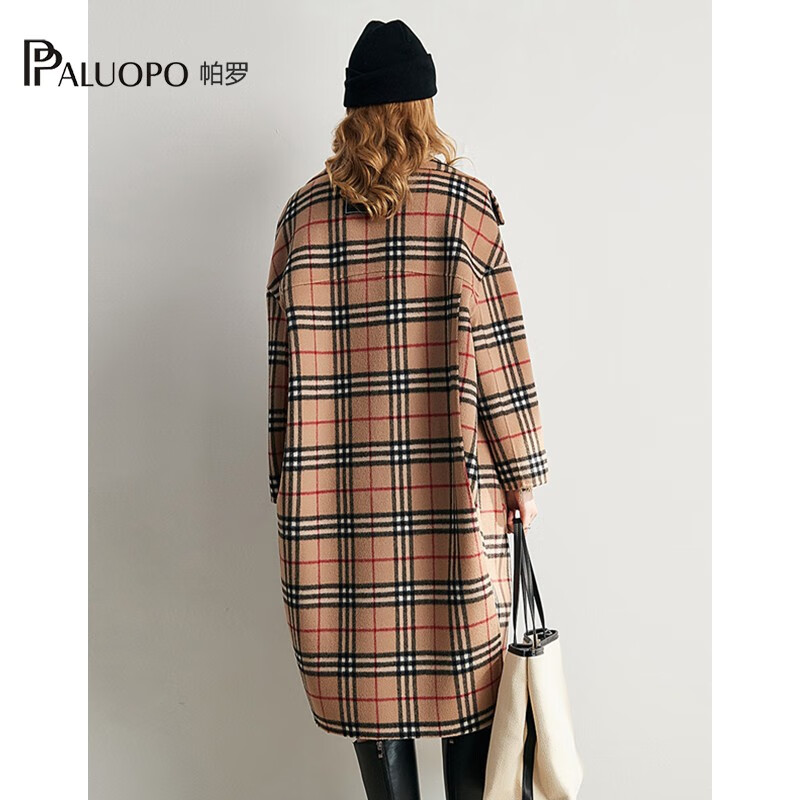 帕罗(PALUOPO)100%绵羊毛呢大衣双面外套格纹显瘦直筒阔版慵懒风女气质秋冬外搭 卡其 L 165/88A