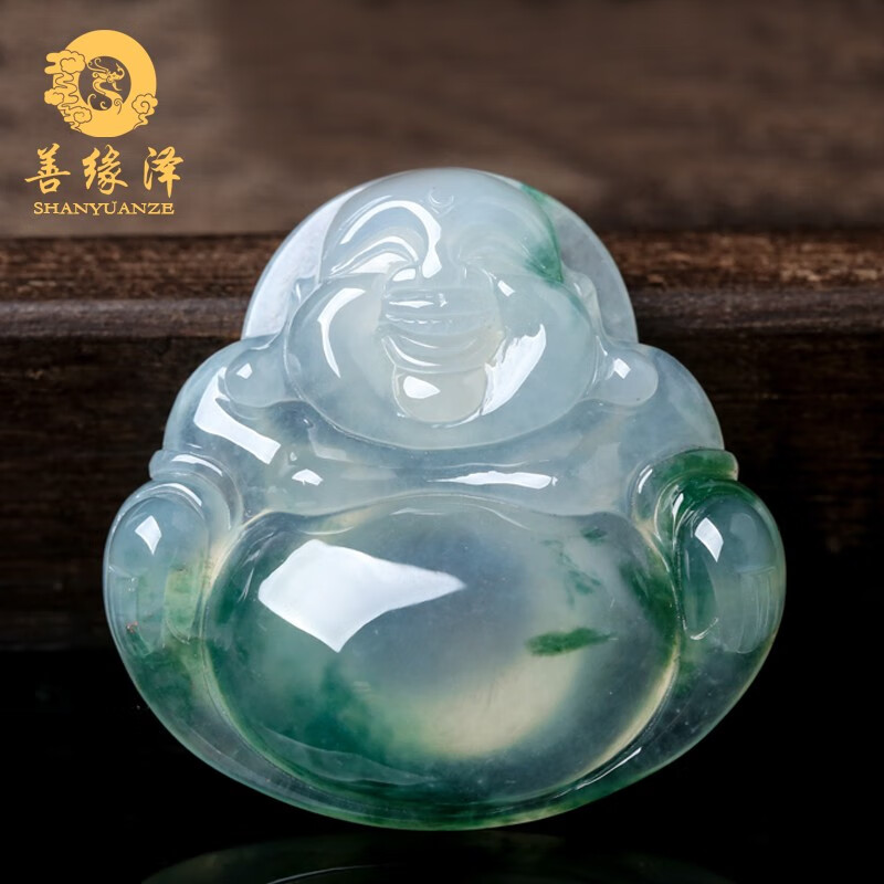 翡翠飘青花玉佛吊坠挂件玉坠大肚笑佛弥勒项链毛衣链 翡翠玉佛吊坠
