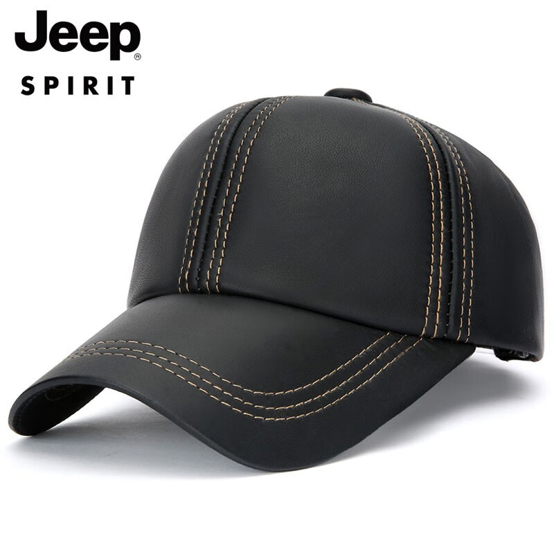 Jeep吉普帽子男士羊皮棒球帽子真皮秋冬保暖户外遮阳防晒鸭舌帽皮帽子 黑蓝 均码(56-61CM)帽围大小可以调节