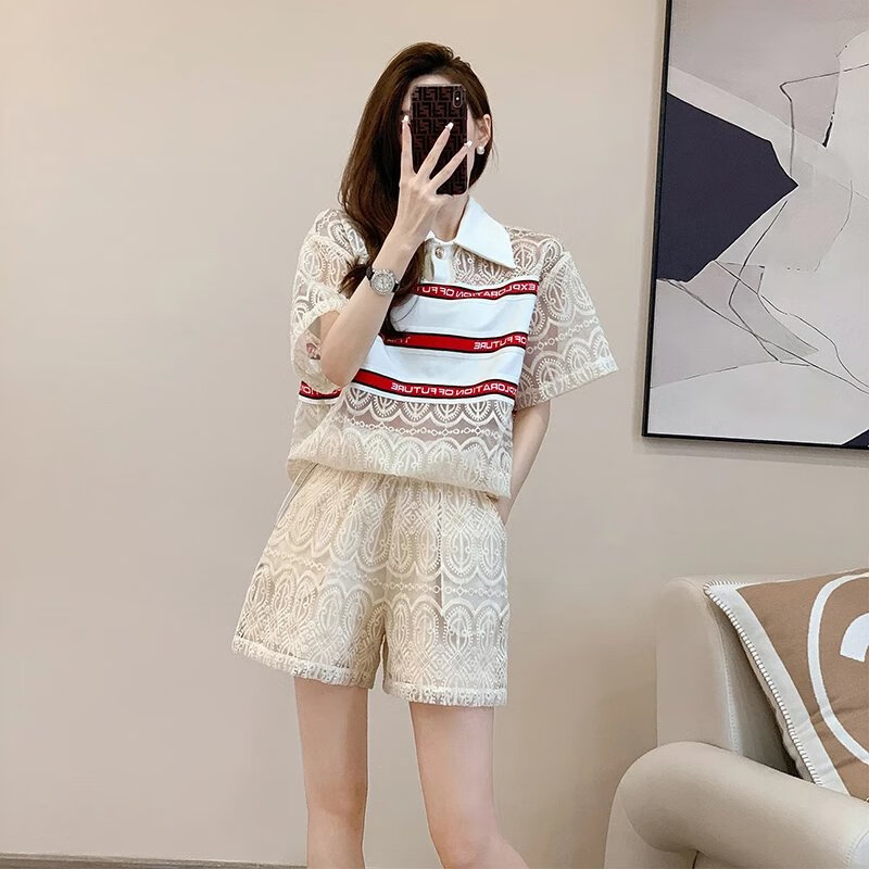 pstp素订品牌女装夏季休闲套装女杭州蕾丝女夏2023减龄网红欧货短裤潮