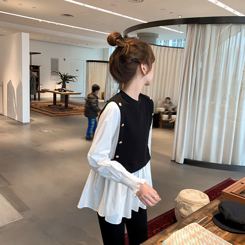 贤语黑白拼接衬衫女新款秋季设计感小众中长款假两件上衣 黑白拼接 s