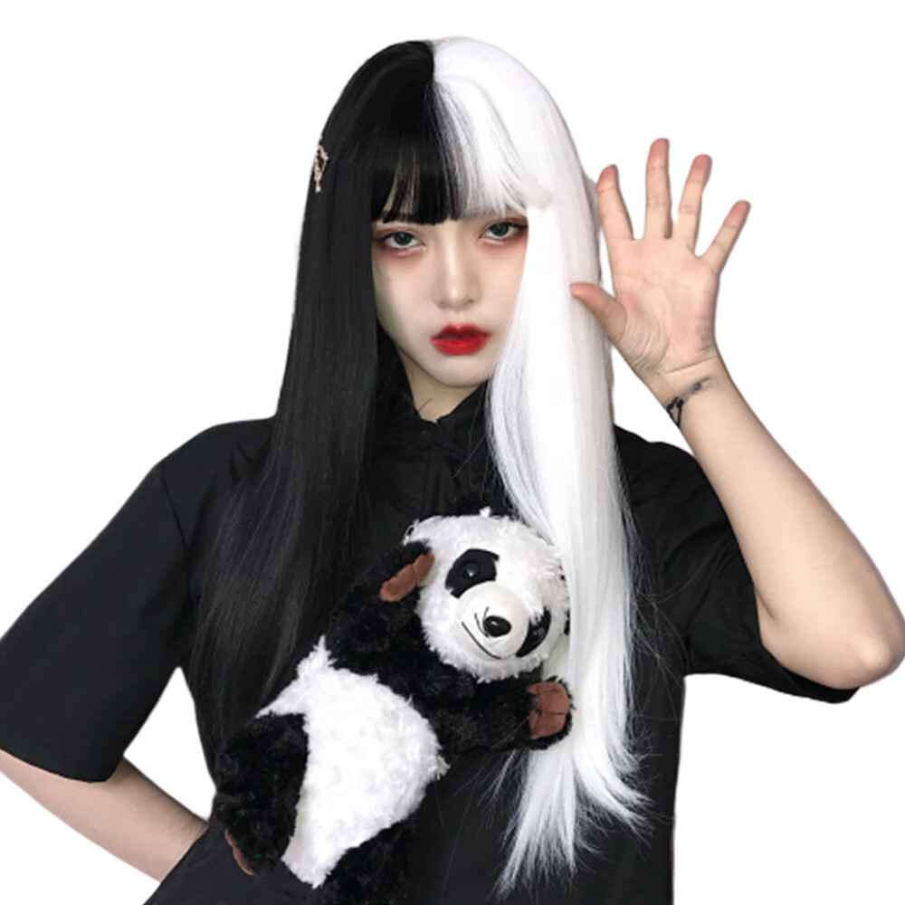 假发女长发黑白双色拼接长直发新款潮流洛丽塔暗黑系阴阳色全头套