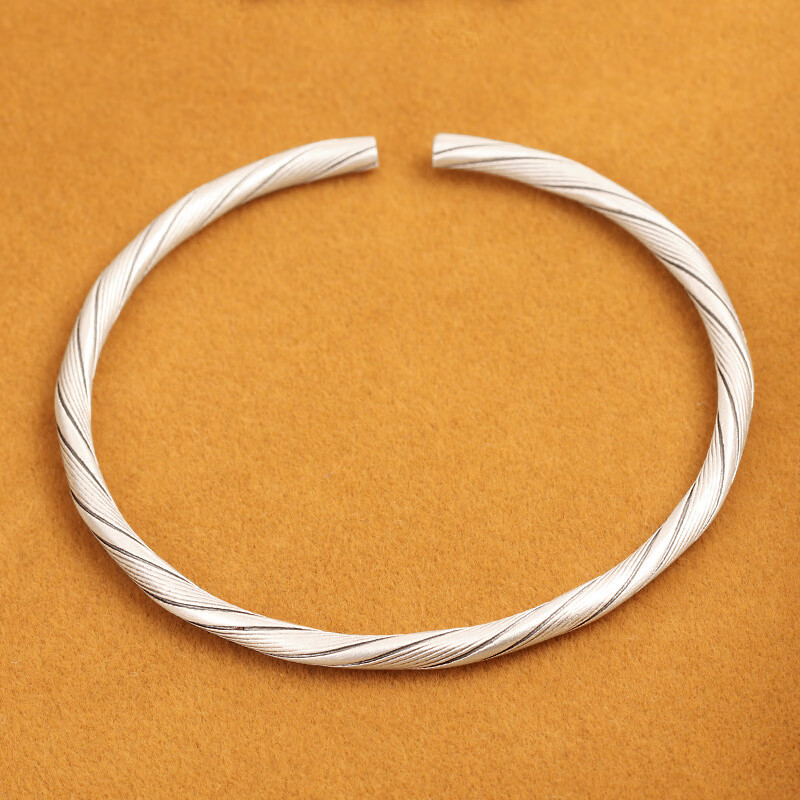 modomoma999足银麻花扭纹复古细手镯女 中国风做旧简约开口拉丝银镯子