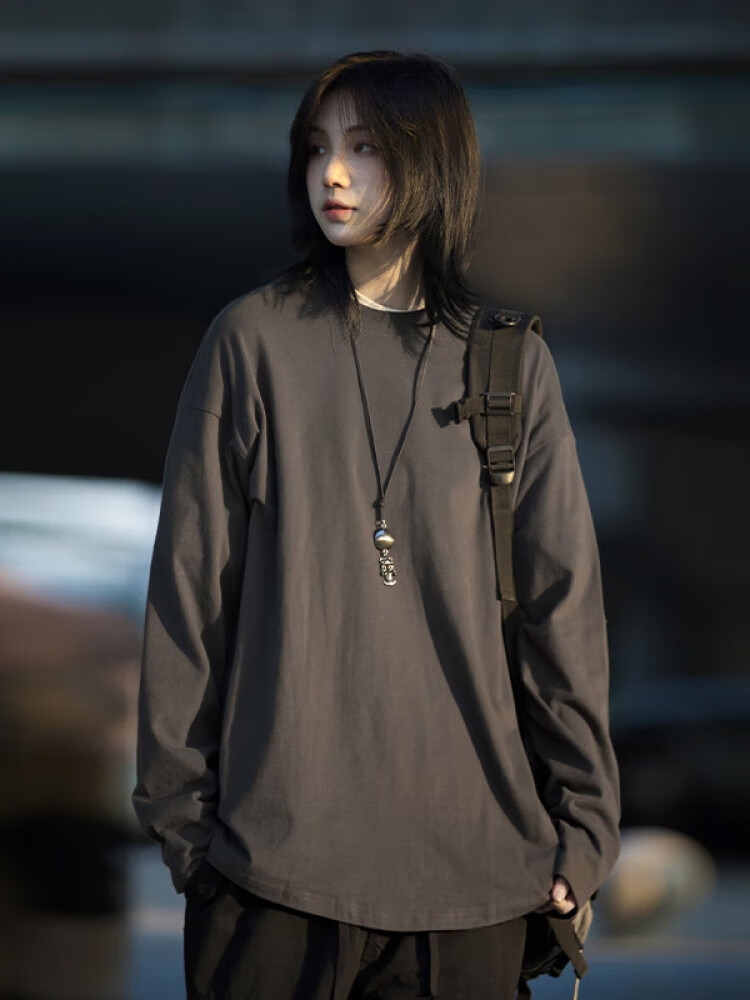 你初恋老王 长袖t恤男纯色套头打底衫情侣男同属宽松上衣百搭 深灰色