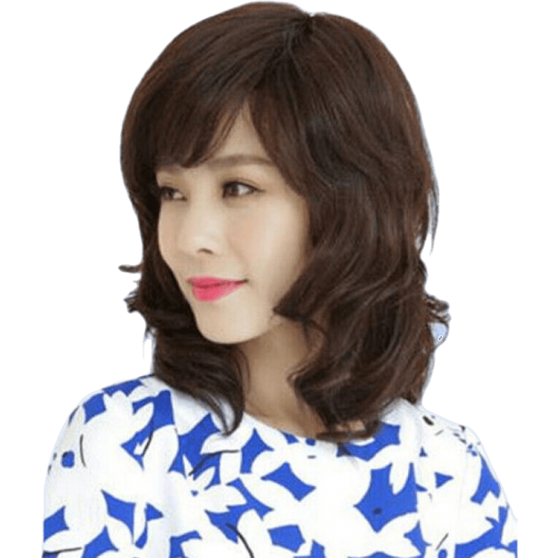 真人发丝中老年妈妈假发中长卷中年人真发假发女 深棕色 机织真发4件套