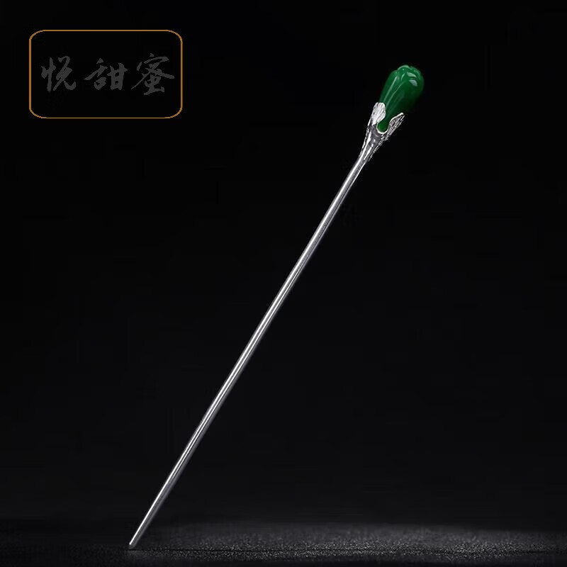 花简约发簪发钗现代百搭汉服古风丸子头发饰簪子 翡翠玉兰花银发簪