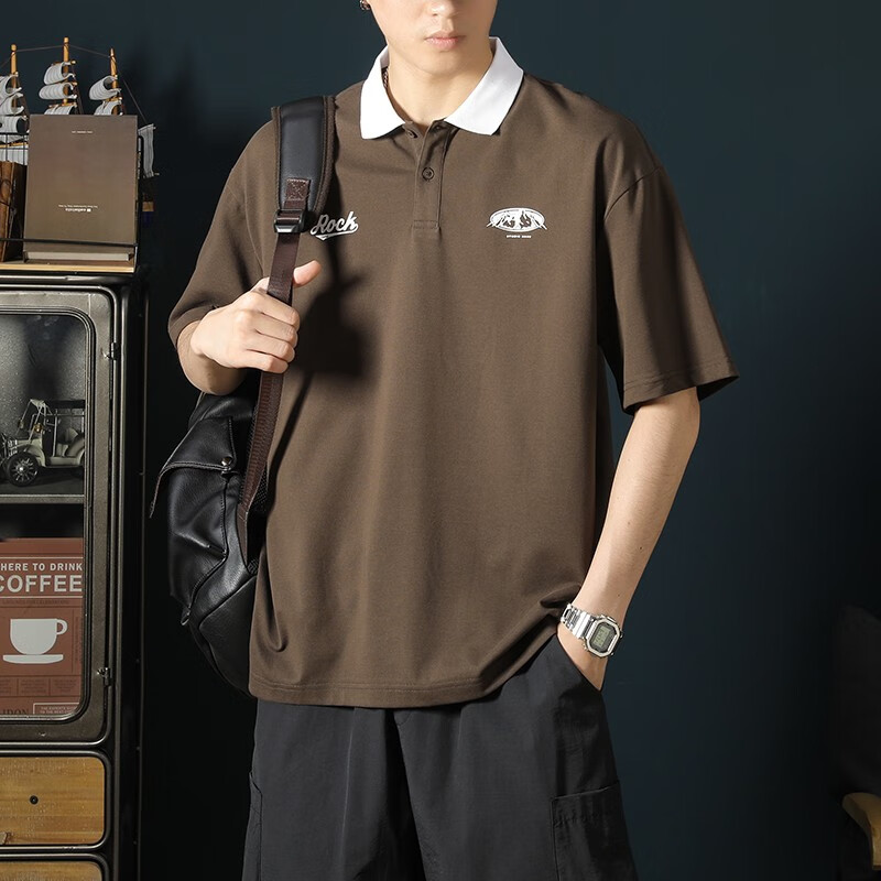 潮天士美式复古休闲短袖polo衫男宽松翻领半袖体恤上衣男士大码保罗