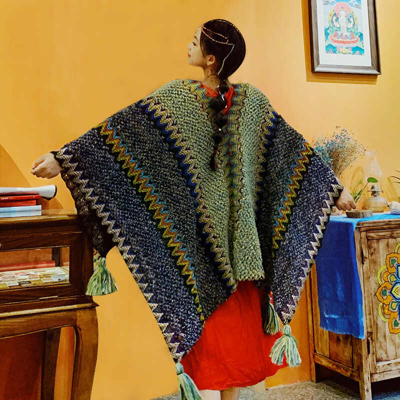 乐集丽江旅游针织披肩女秋季异域民族风西藏新疆旅行拍照围巾复古斗篷