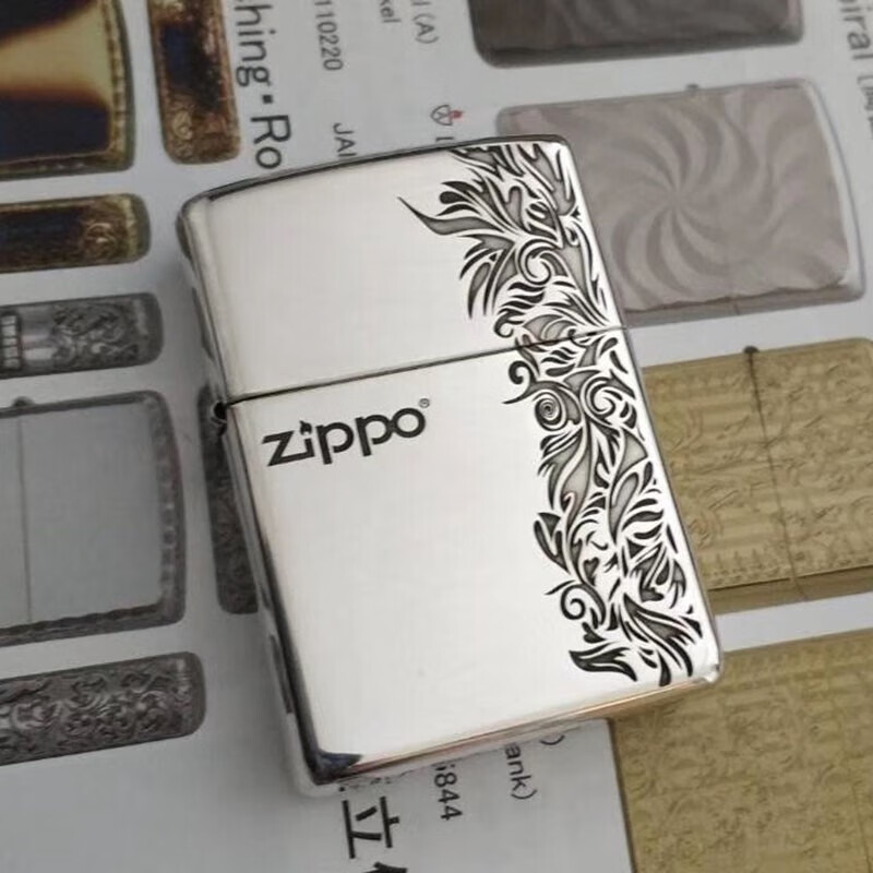 zippo美国之宝zippo银机打火机 盔甲加厚zippo标志 唐草繁花似锦 纯银