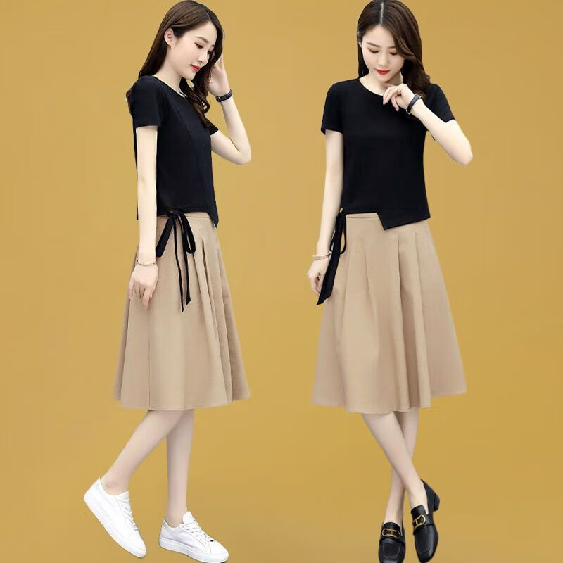 无痕连衣裙2023年夏季套装女新款女装显瘦冰丝 旗舰款咖其(棉麻两裙)