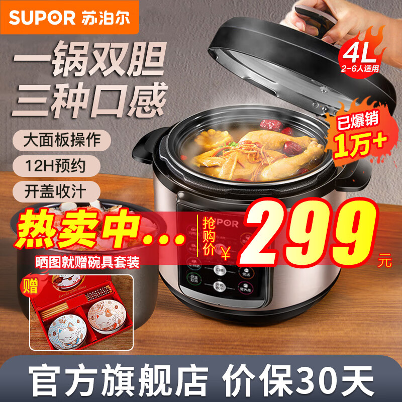 苏泊尔SUPOR 电压力锅 4L双胆高压锅家用电压锅智能预约高压煮饭煲汤锅 一键排气开盖收汁 可供3-6人