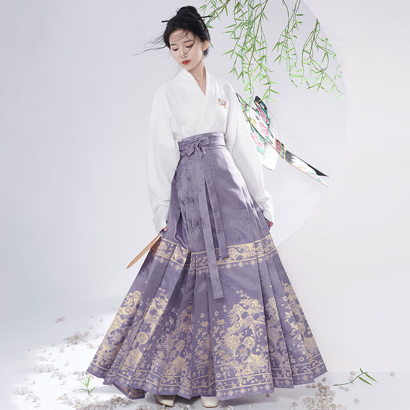 二月天明制汉服女改良飞机袖新中式织金春夏 改良飞机袖 马面裙木槿紫