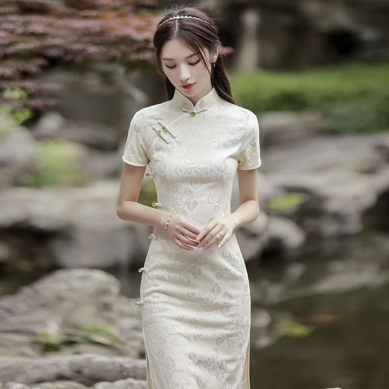 罗蒙（ROMON）旗袍女夏2023新款高级感蚀骨年轻款少女高端气质法式改良民国复古 米白色 M怎么样,好用不?