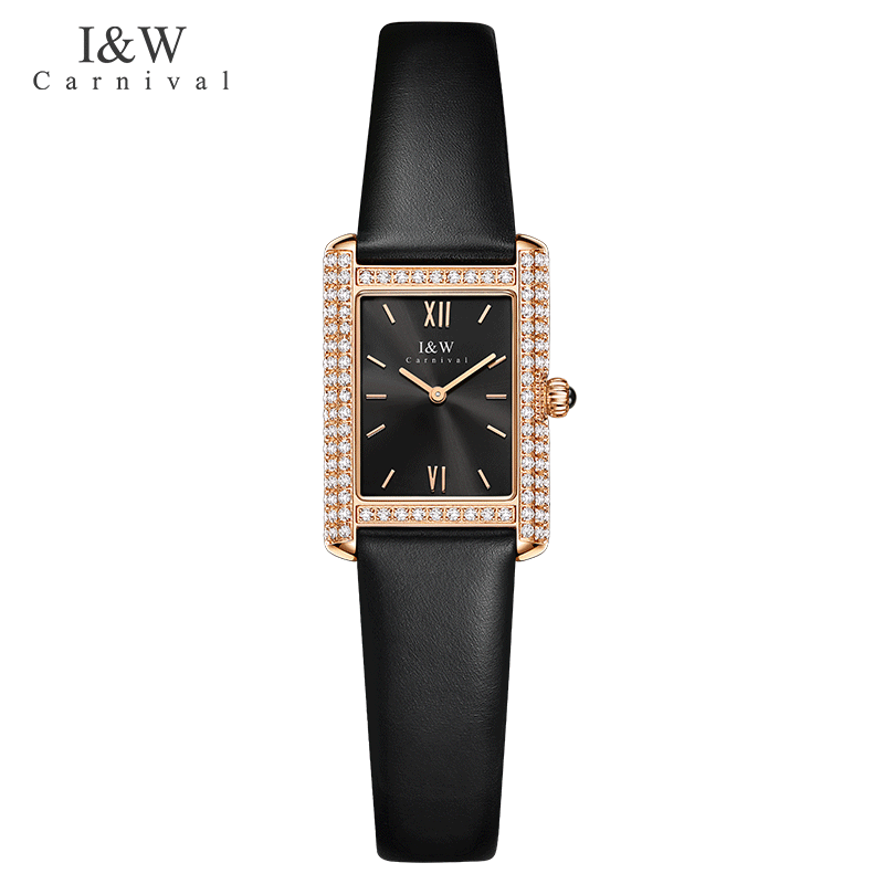 爱沃驰瑞士达芬奇系列经典校园风石英手表女士表七夕生日礼物送女友 玫金壳黑面|黑皮带