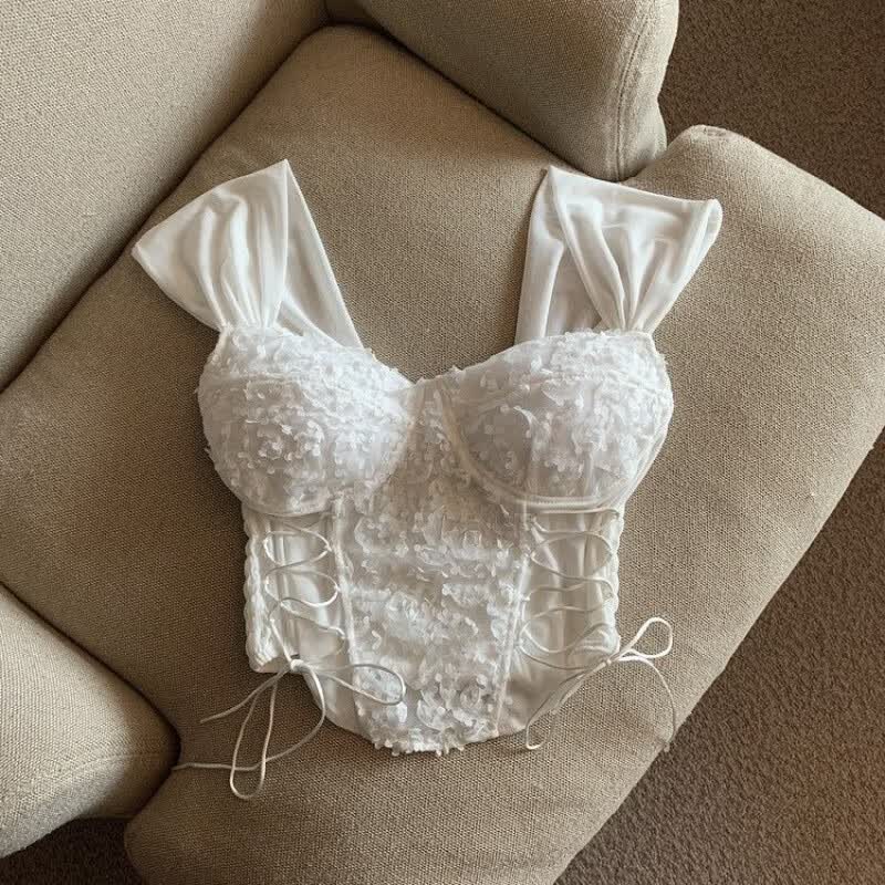 蕾丝花朵抽绳吊带背心女内搭夏季宽肩带外穿性感抹胸上衣 白色【高