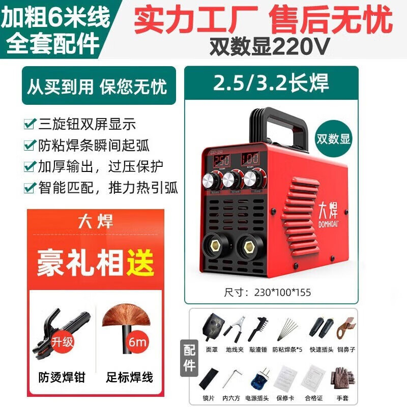 大焊 电焊机220v家用小型铜芯直流两相电电子小焊机迷你手提焊机 全套6米焊线【双数显220v】