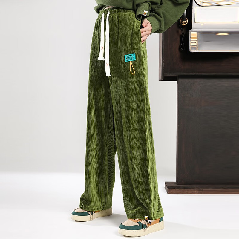 duck小黄鸭休闲长裤女秋冬新款宽松时髦灯芯绒显瘦阔腿裤 军绿色 xs