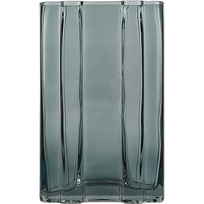 拍3件 BEST WEST 竖楞玻璃花瓶摆件北欧简约客厅餐桌插花瓶装饰品创意 花口扁缸(透明蓝石色)