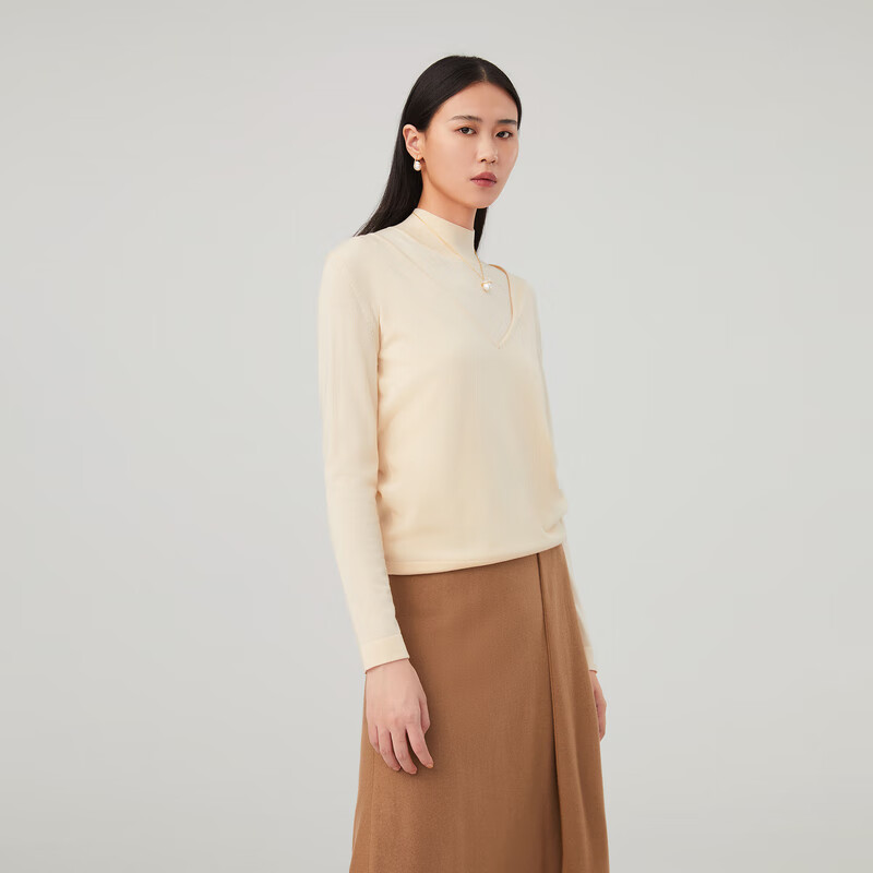 OVV【可机洗黄金羊毛】2023秋冬新款女装简约深V领长袖针织衫 米黄(净色)A5 L