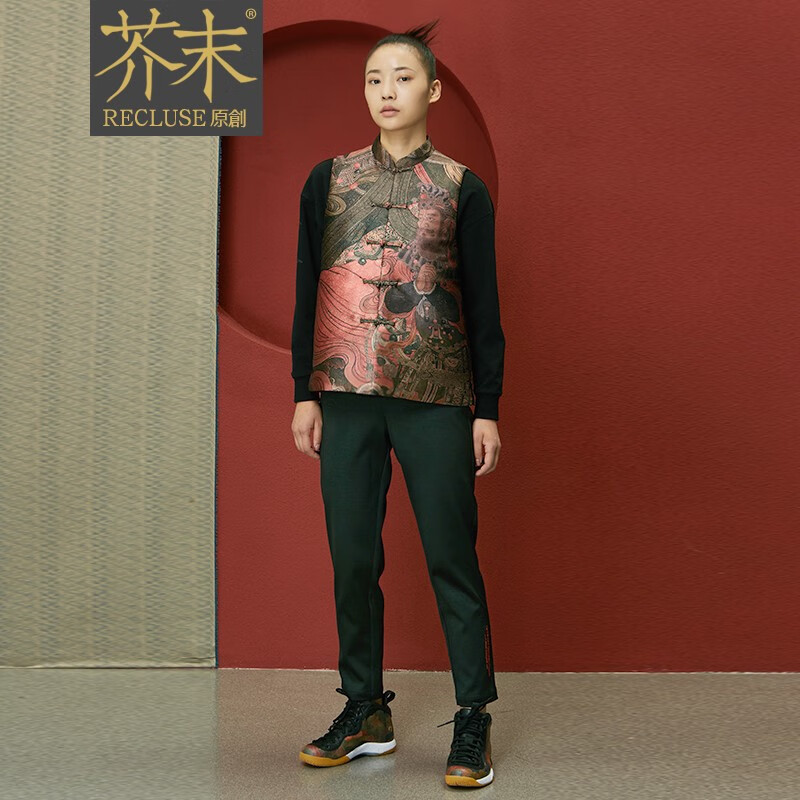 recluse 百丈/中国风重工刺绣设计修身情侣款女款九分休闲直筒裤 黑色