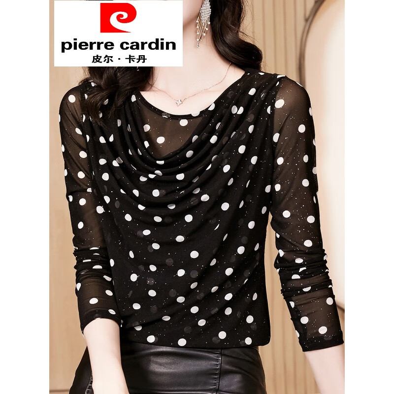 皮爾卡丹（pierre cardin）春秋波點(diǎn)網(wǎng)紗打底衫女秋季亮絲長袖時尚洋氣漂亮小衫內(nèi)搭上衣 波點(diǎn) L