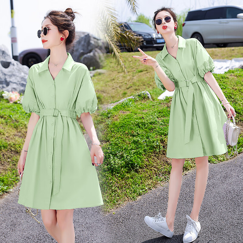 夏装新款韩版女装泡泡短袖连衣裙收腰配腰带短裙衬衫裙子纯色 浅绿色