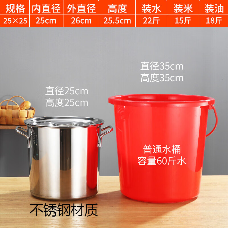 PJ商用不锈钢桶带盖不锈钢汤桶加厚加深汤锅储水桶圆桶油桶 1cm 直径20高度20