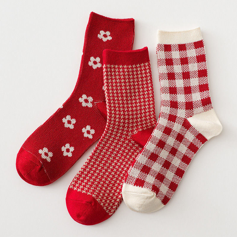 【圣i诞】3双红色袜子女ins潮圣诞袜本命年新年大红中筒袜棉秋冬季曼迪尚 女中筒袜红花款3双装
