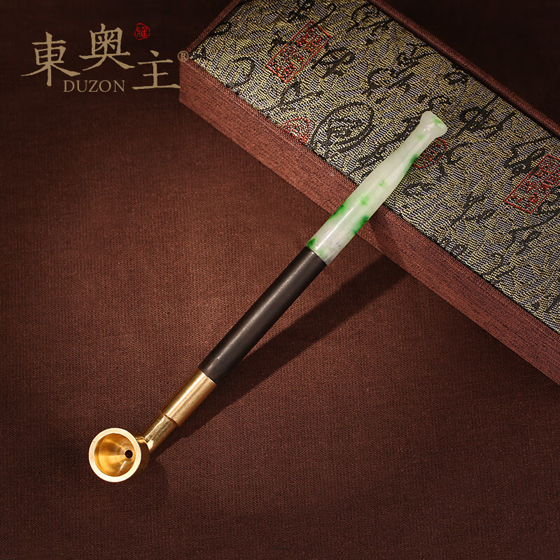 料玉石黑檀木杆旱烟袋老式黄铜男士烟袋老北京烟斗 总长20cm 玉石烟斗