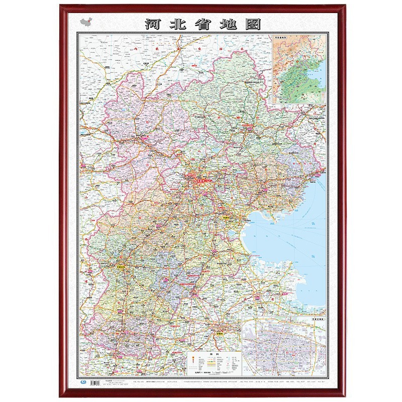【定制边框】2022年 河北省地图 木框装裱 1.1米*0.8米 红棕色边框