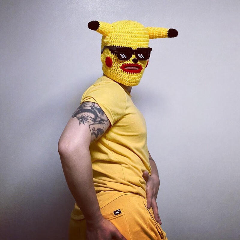 抖音同款比皮卡丘头套沙雕专用面罩毛线帽子绿可爱笑搞怪 老表绿