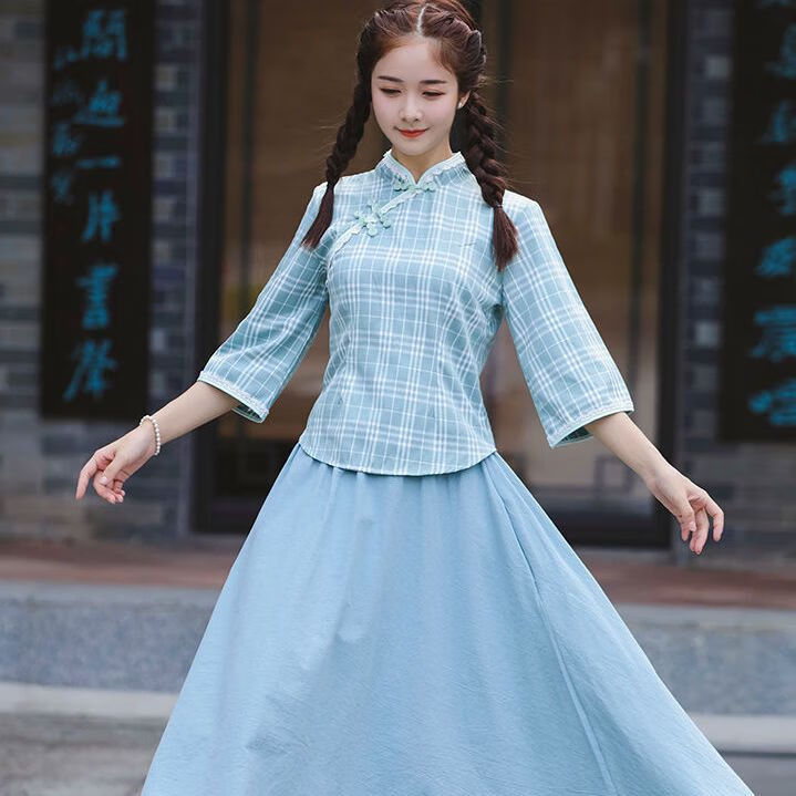 旗袍夏季新款复古女装中式唐装改良连衣裙女学生 青色格子套装(上衣