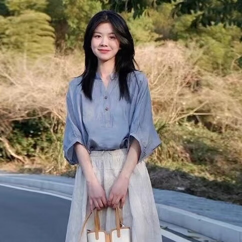 予愿矮个子微胖女生穿搭套装胖mm胖妹网红小个子可盐可甜穿搭蓝色衬衫