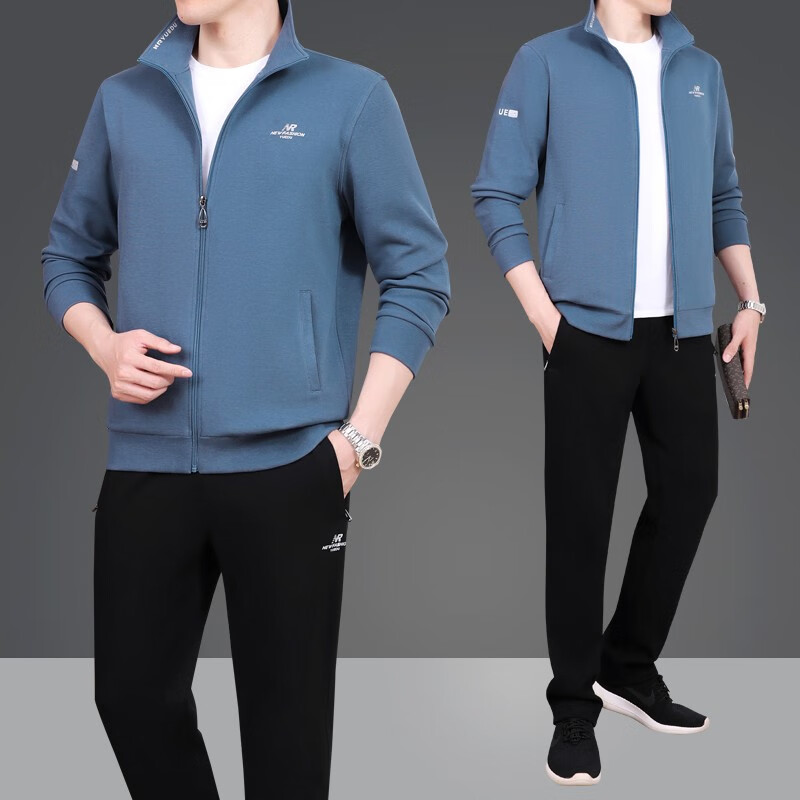 男春秋三件套开衫立领棉质爸爸装品牌运动服休闲健身跑步套装 雾蓝 男