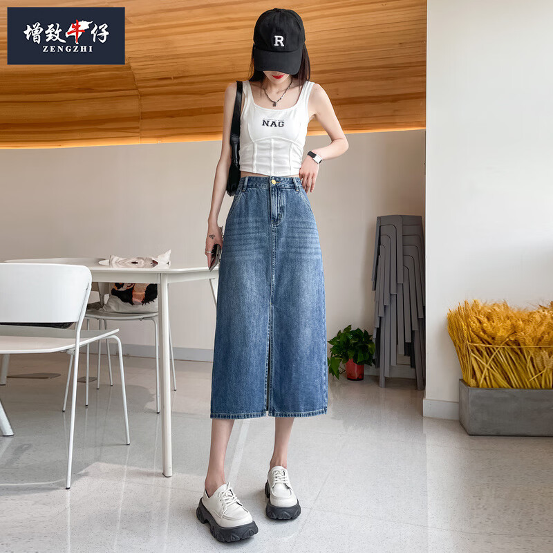 增致牛仔(zengzhi)时尚高腰女士牛仔半身裙舒适简约百搭蓝色新款女装