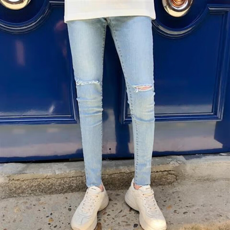 恺吉锐男生潮流浅蓝色一字膝盖破洞牛仔乞丐裤弹力修身毛边九分小脚男