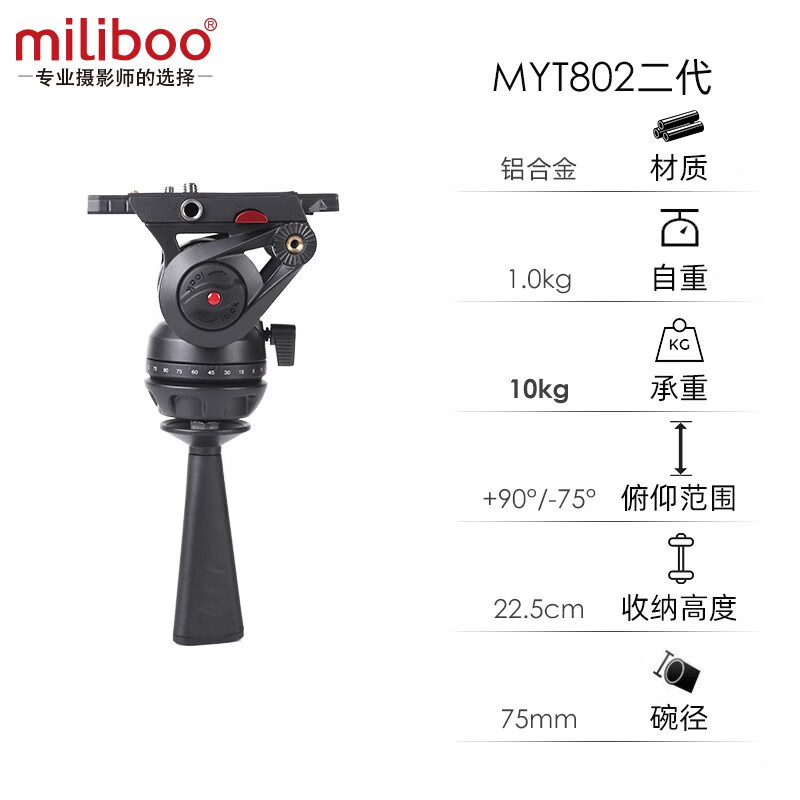 miliboo米泊MYT801 802 803 MUF MUK M3档位可调液压云台MU全景球形云台三脚架独脚架通用 快装板L竖拍板 MYT802二代液压云台