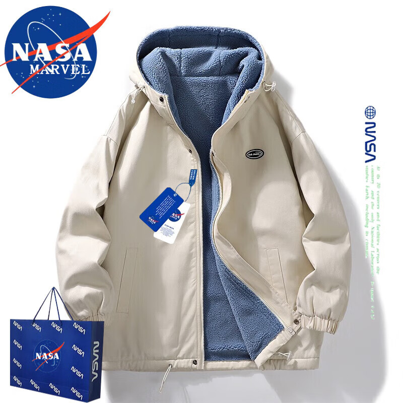 NASA MARVEL棉衣男棉服男冬季外套面包服羊羔绒连帽潮牌加绒加厚百搭情侣装