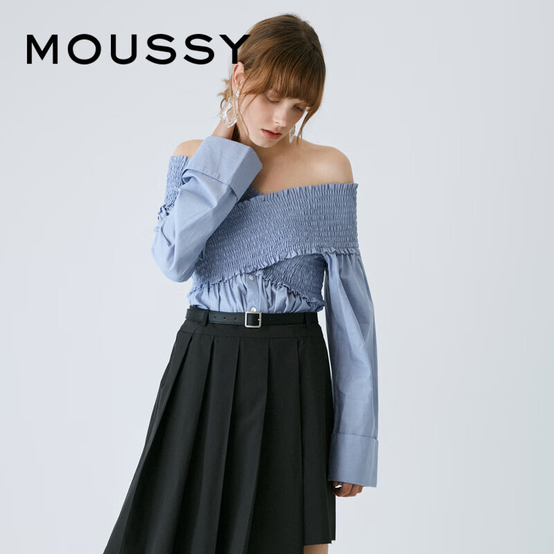 moussy 2023秋季新品甜美少女一字领露肩休闲衬衫女010GA230-6640 111浅蓝色 00020/F