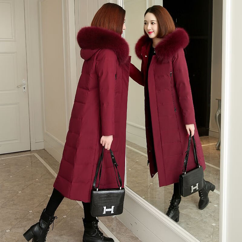 邦菲尔 真毛领羽女装绒服中长款过膝冬装新款加厚保暖外套 酒红色