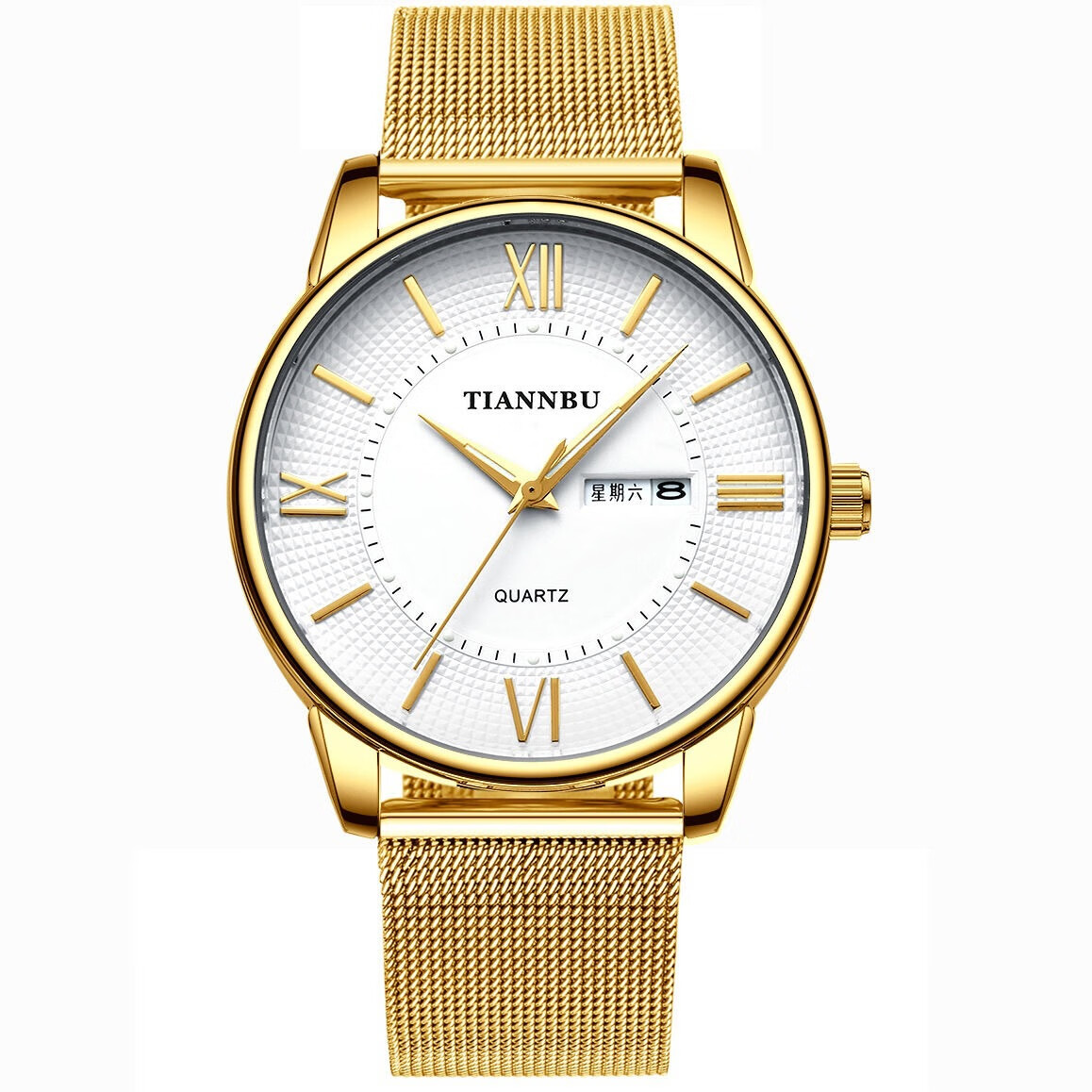 天博手表男士双日历石英表防水夜光男女士钢带表 金壳白面网带-男
