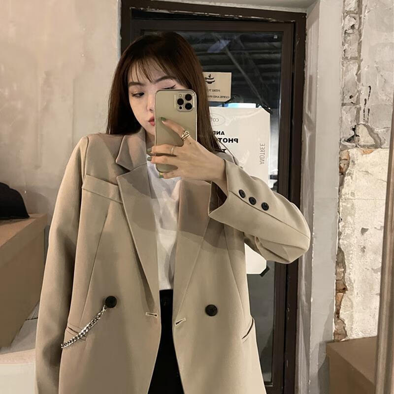 妮蓓诺春秋2021新款复古港味设计感链条宽松垂感长袖西装外套女潮酷