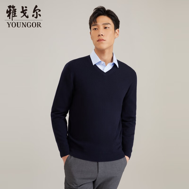 雅戈尔（YOUNGOR）【全羊毛】2025秋冬季新款男士V领毛衣商务休闲上班打底针织衫 藏青 VYQW639998FVA M (100)