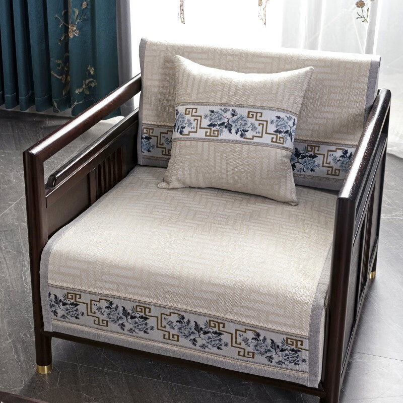 索菲娜 新中式沙发垫坐垫防滑三座一贵妃沙发罩巾四季红木沙发垫子 yd清韵芳华-浅咖色 宽110*长210cm一片