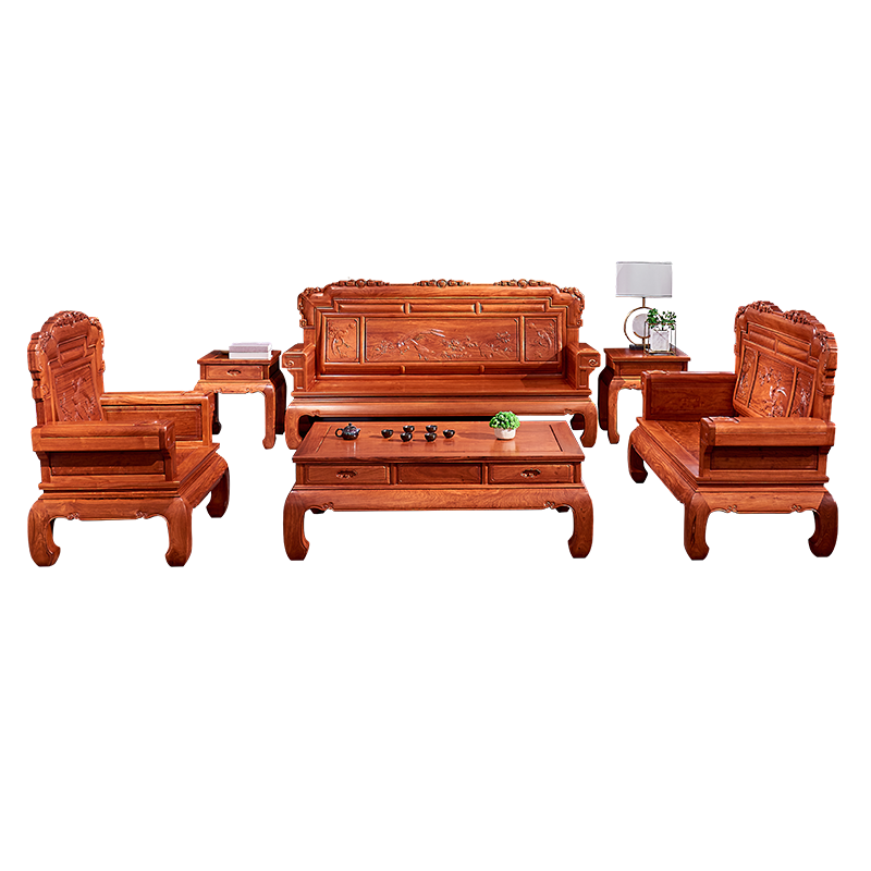 广典 红木家具缅甸花梨(学名:大果紫檀)全实木沙发 中式客厅家具 大中户型豪华组合沙发套装 雕花沙发 (6件套)三人位+单人*双人位+角几*2+大平几