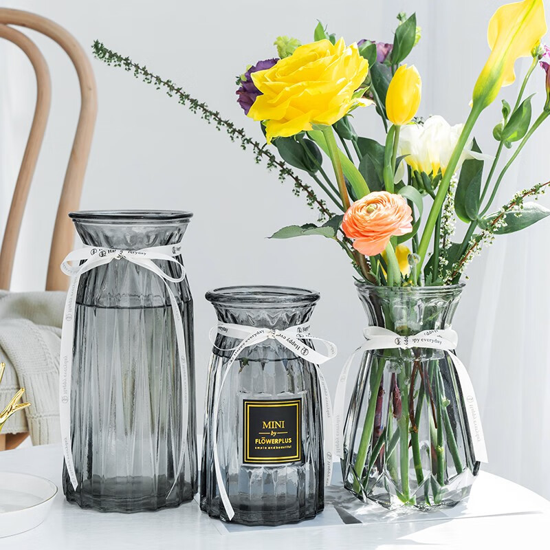 魅扣北欧玻璃花瓶三件套透明干花创意客厅插花水养简约百合摆件 紫灰三件套 15钻石 15贴纸 15南瓜 虎窝购