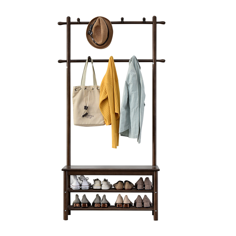 家逸 多功能实木衣帽架换鞋凳挂衣架落地衣架衣服挂钩立式衣架卧室 衣帽架+换鞋凳